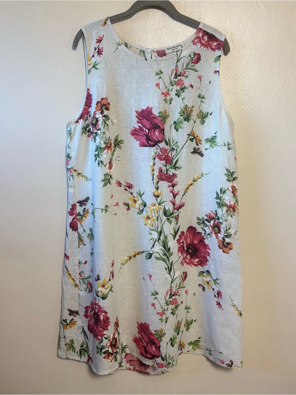 Terzo Millennio Women’s Dress Shift Sleeveless Linen Floral Pink Yellow Beige XL